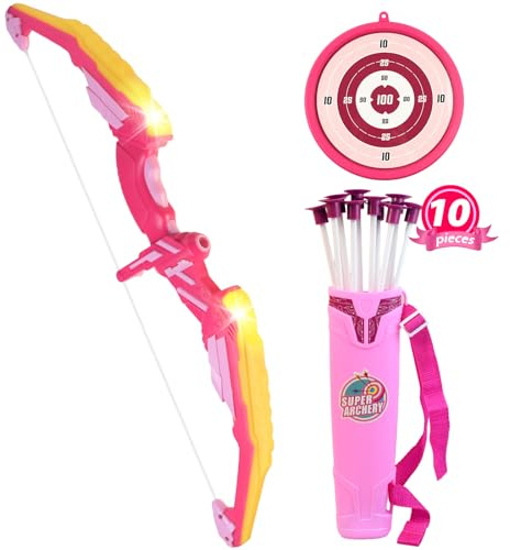 AUTOMP Pfeil und Bogen Set mit LED Licht, Bogenschießen Set für Kinder ab 3 Jahren, 10 Saugnapfpfeile mit Zielscheibe, Outdoor Spielzeug für Garten Reise Camping