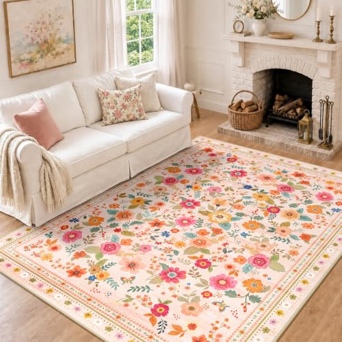 INOVADAY Waschbarer Teppich 150x210 cm Rosa/Beige Wohnzimmer Teppich | Schlafzimmer, Küche, Eingangshalle, Badezimmer, Esszimmer, Kurzflor, Rutschfest, Blumen Print, Boho, Weich, Pflegeleicht