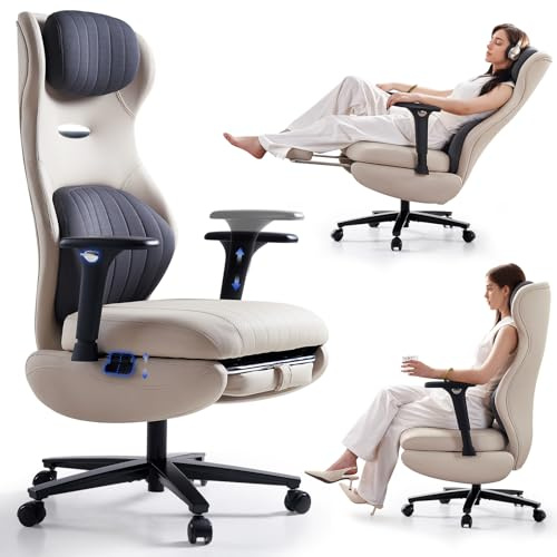EMIAH Ergonomic Desk Chair, Reclining Office Chair with Footrest, Adjustable Armrests High Back Gaming Chair,Big and Tall Executive Computer Chair with Headrest and Lumbar Support, PU Leather White
