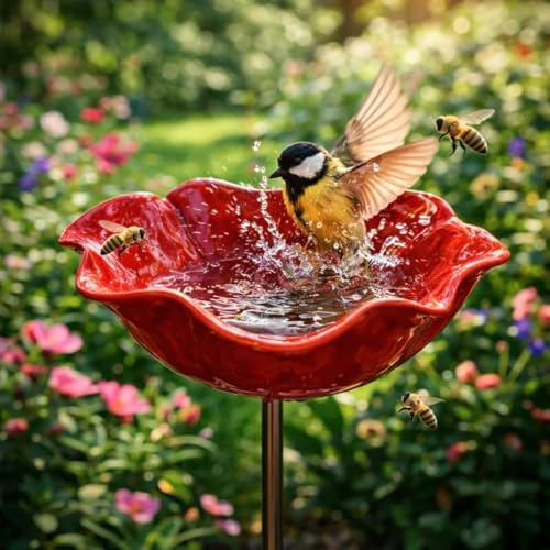 AOBUJDUB Pali da giardino in metallo con fiori, vaschetta per uccelli fatta a mano, abbeveratoio per api, vaschetta colorata per api e farfalle per la decorazione del giardino(Red,2pcs)