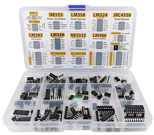 150 Pcs Integrated Circuit Kit, XL IC Chip Assortment with Adapters, Op Amps, Oscillators, PC817, NE555, Audio Processor, for DIY Electronic Projects