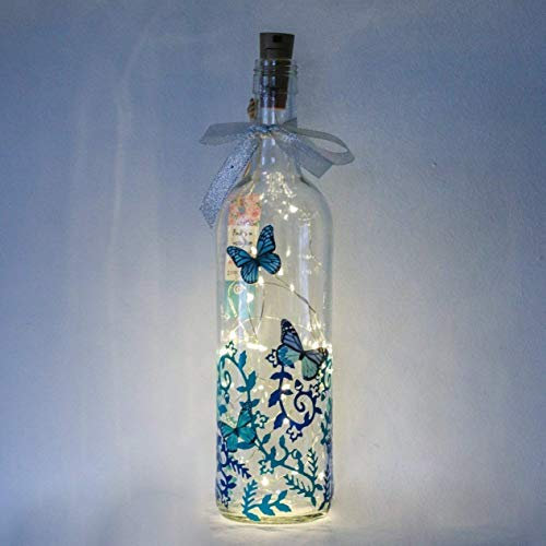 Blue Turquoise Teal Handmade Unique Butterfly Gifts for her, Light Up Bottle, Fairy Lights LEDs