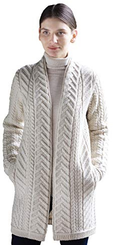 Aran Crafts Women's Irish Knit Edge to Edge Wool Cardigan Coat (X4693-LG-NAT)