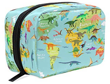 Trousse de maquillage avec carte du monde et dinosaures - Trousse de toilette de voyage pour femme - Motif animal de dessin animé