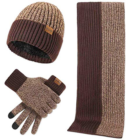 LumiSyne Winter 3 In 1 Mütze Schal Handschuh Sets Für Herren Damen Mode Einfache Zweifarbige Jacquard Touchscreen Handschuhe Beanie Strickmütze Langer Schal Verdickte Und Weiche Wolle