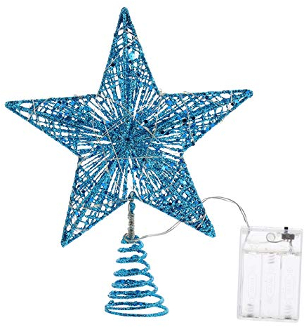 SOLUSTRE 25cm 3D Weihnachtsbaum Topper Projektor Beleuchtet LED Lichterkette Metall Christbaumspitze Weihnachten Beleuchtung Glitzer Weihnachtsstern Weihnachtsbaum Stern Baumschmuck Spitze Blau