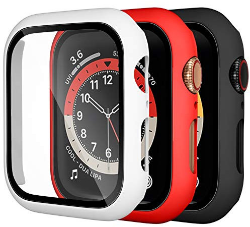 Dirrelo 3 Pack PC Case Compatible with Apple Watch Series 6/5/4/SE 44mm Tempered Glass Screen Protector, Full Cover Thin All-Around HD Protective Bumper Case for iwatch 6/5/4, White/Red/Black