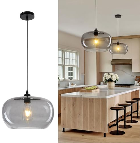 Moddeny Pendelleuchte Glas E27, 1-flammig, 30 × 18 cm, höhenverstellbar | 1-flammig | Rauchglas & Metall | E27-Fassung | bis 120 cm höhenverstellbar | für Esstisch, Kücheninsel & Wohnzimmer