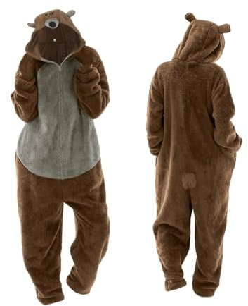 Adulte Unisexe Animal Costume Cosplay Ours Combinaison Pyjama Outfit Nuit Costume d'animaux Pyjama Onesie Carnaval Halloween Fête de Noël Costume d'hiver en Peluche pour Femme et Homme