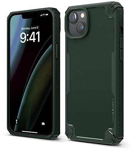 elago Armor Hülle für iPhone 14 Plus | Fallschutz nach US-Militärstandard, Strapazierfähige Schutzhülle, Kohlefaserstruktur, Stoßfestes Bumper Gehäuse (Dunkelgrün)