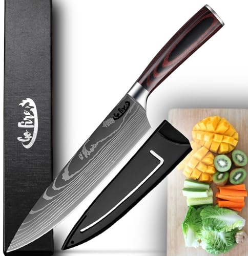 GoFire 8 Inch Chef Knife Ultra Sharp High Carbon Stainless Steel Kitchen Knife Slicing Dicing Carving Knife Ergonomic Pakkawood Handle Multipurpose for Home and Culinary Use Gift Box Included