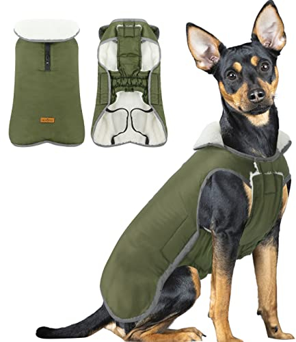 wasserdichte Fleece Warme Jacke Hundemantel, Hundejacke Französische Bulldogge Winter, Hunderegenmantel mit Sicheren Reflexstreifen, Hundepullover Fleece Kleine Mittelere Hunde, ArmyGreen M