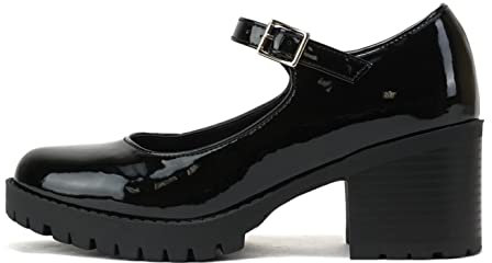 Soda Boxer ~ Mary Jane Damen-Pumps mit rundem Zehenbereich, klobiger Blockabsatz, Stollensohle, mit verstellbarem Riemen, Schwarz Lack, 43 EU