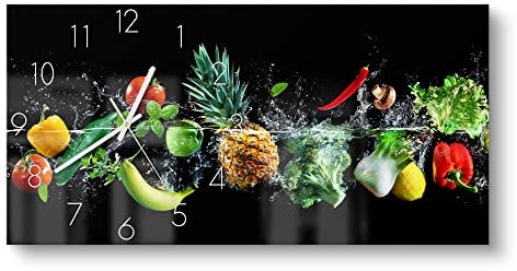 DEQORI Glasuhr | vertikal 60x30 cm | Motiv Sauberes Obst und Gemüse | große XXL Design Uhr aus Glas | leise Wanduhr für Wohnzimmer & Küche | Moderne Hingucker Uhr für die Wand