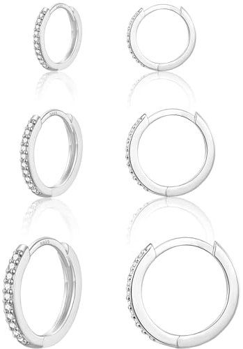 WOVEE Ohrringe Silber 925, 3 Paar Silber Ohrringe Damen Set(8/10/12mm) Hypoallergen Huggies Creolen Silber 925 Klein mit Zirkonia für Damen Herren Mädchen