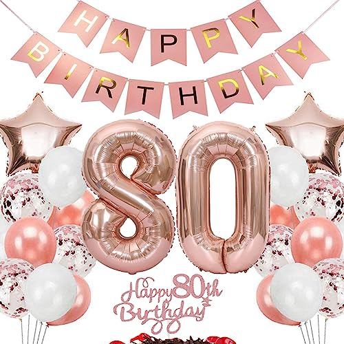 Feelairy Geburtstagsdeko 80 Jahre Frauen, Rosegold Luftballon 80. Geburtstag Deko Frau, Tortendeko Happy 80th Birthday Deko 80 Jahre Frauen, Ballon 80. Geburtstag Frau Party Dekoration Set