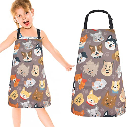 FUKPO Kochschürze Kinder, Verstellbar Kinderschürze Mädchen Jungen Küchenschürze Backschürze mit Taschen, Abwaschbar Schürze Kinder 3 Jahre 4 Jahre 5 Jahre Malen Basteln Schule Garten(Hund)