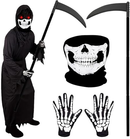 Halloween Ghost Maske Totenkopf Set mit Skelett Handschuhe/Sichel, Skull Mask Skelett Sturmmaske Motorradmaske Kostüm Accessoire für Kinder Erwachsene für Halloween Cosplay Karneval Kostümparty