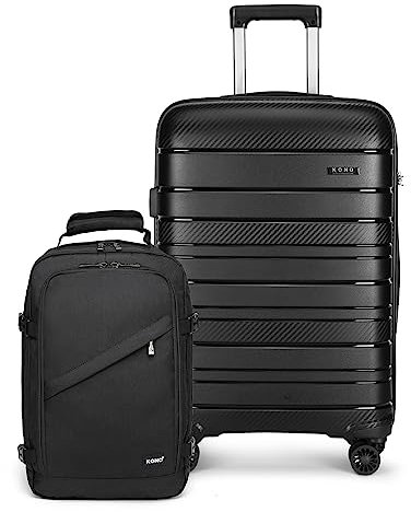 KONO Kofferset 2 Teilig Gepäck-Sets Carry On Luggage Handgepäck 56.5x38.5x22cm mit Ryanair Rucksack Handgepäck Flugzeug 40x20x25 cm (Klein Reisekoffer Handgepäck+Rucksack, Schwarz)