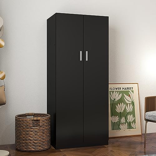 2 Door Double Wardrobe for Small Bedroom Bedroom Furniture Robe with Hanging Rail, 72 x 49 x 169 cm (Black)