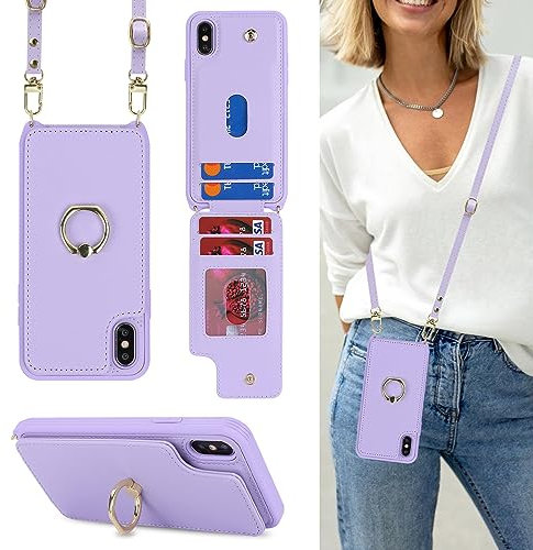 Ｈａｖａｙａ Cover per iPhone X con cordino RFID Porta Carte Cover per iPhone XS con cordino Ring portafoglio - Viola