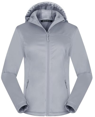 ATLASLAVA Veste softshell pour femme - Imperméable - Respirante - En polaire légère - Avec capuche - Veste de mi-saison - Course à pied, Argent (Silver), XXL