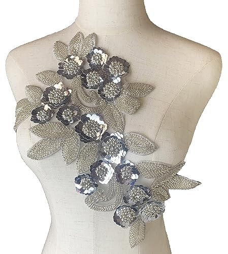 Heyiwell 1 x 3D-Aufnäher zum Aufnähen, Stickerei, Perlen, Strass, für DIY-Kleidung, Hochzeitskleid, Dekoration, 21,6 x 35,5 cm, Silber