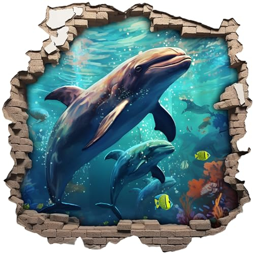 Samunshi Wandtattoo Wandriss mit Delfin Fenster in andere Welt Portal Schiffsfenster Kinderzimmer Wandaufkleber (50x50cm Delfin)