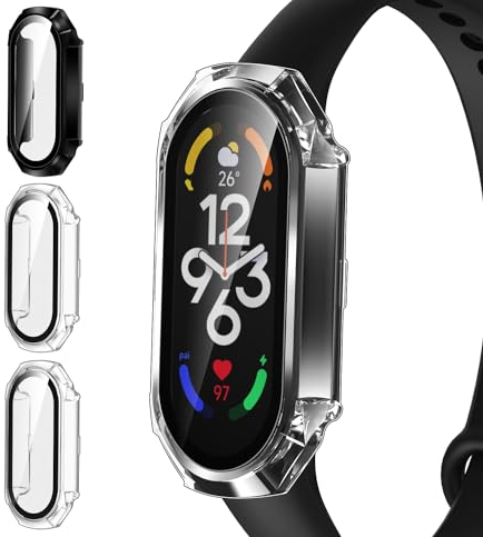 ivoler 3 Piezas Funda para Xiaomi Smart Band 9/8 / Xiaomi Mi Band 9/8, Protección Completa Protector de Pantalla de Cristal Vidrio Templado Duro PC Anti-arañazos Carcasa, 2 Transparente + 1 Negro