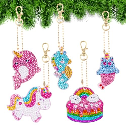 AUAUY 5D DIY Diamond Art Painting Schlüsselanhänger Set, 5pcs Strass Diamant Malerei Schlüsselanhänger, Diamant Painting Anhänger Kunsthandwerk für Weihnachten Kindergeburtstag Mädchen Geschenke