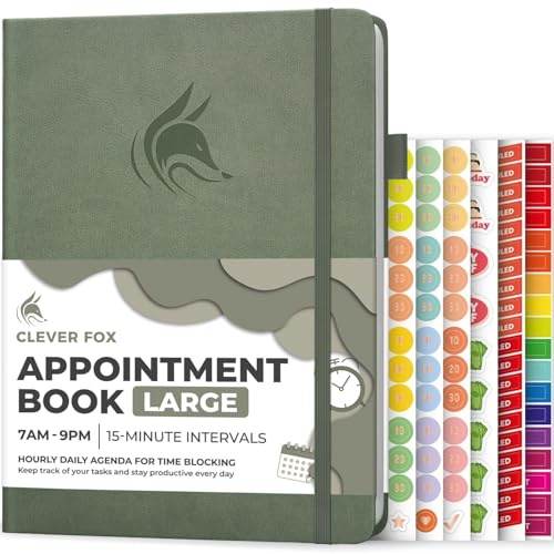Clever Fox Appointment Book, 15-Minute Daily Planner, Undated Cypress | Large 21x28 cm, 15 minute increments, Hardcover ourly book with time slots for women & men, Weekly pages & monthly calendars