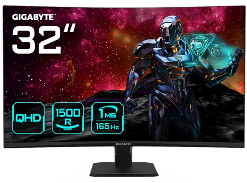 GIGABYTE GS32QC EK - Monitor LCD da 31,5, Quad HD, curvo, per gaming, 2560 x 1440 (Quad HD), 165 Hz, 1 ms, FreeSync Premium, HDMI 2.0, DisplayPort 1.4