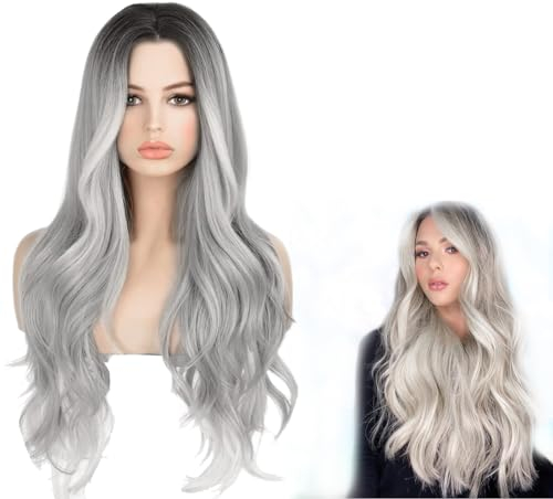 HONGECB Perücke Grau Damen, Lange Graue Ombré Perücke, Ombre Silber Grau Lang Lockig, Lange Perücken Grau, Lang Ombre Perücken Grau, Angenehm zu tragen, für Damen Täglichen Gebrauch Geeignet