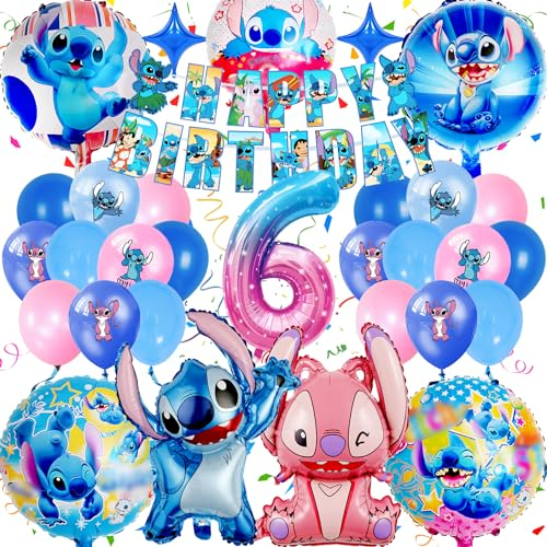 Decoración Stitc 6 Años, 32 Piezas Globos Fiesta Tema Set Niños Niña, Frotox Lil y Stitc Cumpleaños para Banners Látex Adornos Pancarta Kit