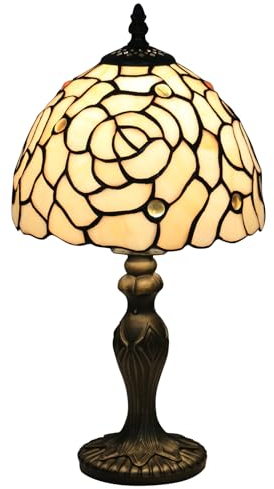 FUMAT Tiffany Tischlampe, Kleine Retro Lampe, Vintage Nachttischlampe, Deko Tischleuchte, Gold Rose Muster, Handcraft Bunte Glas Lampenschirm, Mit LED Glühbirne, für Schlafzimmer Wohnzimmer Büro