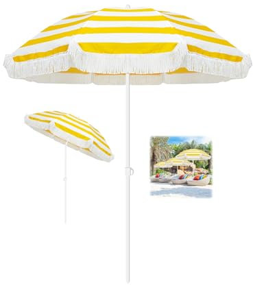 Parasol de plage portable inclinable pour extérieur, UPF 50+, rayures jaunes, 180 cm, parapluie bohème à franges, imperméable, hauteur réglable pour l'extérieur, vacances, jardin, pelouse, 1 couleur,