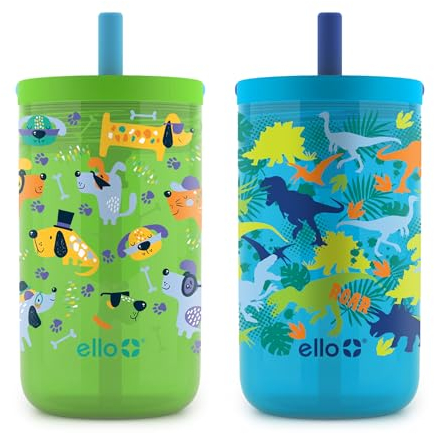 Ello Bop - Juego de 2 vasos de plástico para niños de 12 onzas con asa de transporte, tapa deslizante a prueba de fugas, popote suave extraíble resistente a derrames, sin BPA, perros y dinosaurios