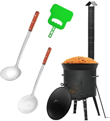 Ø44 Uchag 2mm stahl mit Abzugsrohr Utschak Feuerstelle Utschag Campingofen 16L Kazan WOK Kasan (Runder boden) Feldküche Außenküche Eintopfofen mit Schaumkelle Suppenkelle Grillfächer