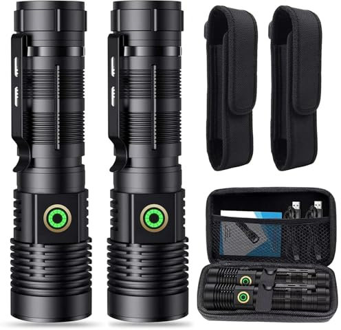 Banral Linterna LED recargable – Linterna extremadamente brillante – Mini linterna con funda, 4 modos, regulable sin niveles, magnética, táctica para exteriores, camping, policía emergencia