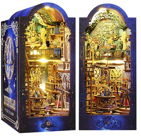 DIY Book Nook Kit, Puppenhäuser Miniatur Haus Kit Booknook Modellbausatz mit LED-Sensor-Licht, 3D (Interstellare Exploration) Holzpuzzle Bibliothek Bücherregaleinsatz Dekor, Personen über 14 Jahre