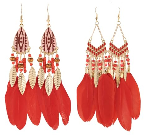 Beadthoven 2 Pairs Bohemian Feather Fringe Dangle Earrings Colorful Boho Ethnic Feather Beaded Pendants Earrings Drop Dangle Earring for Women Girls Jewellery, Red
