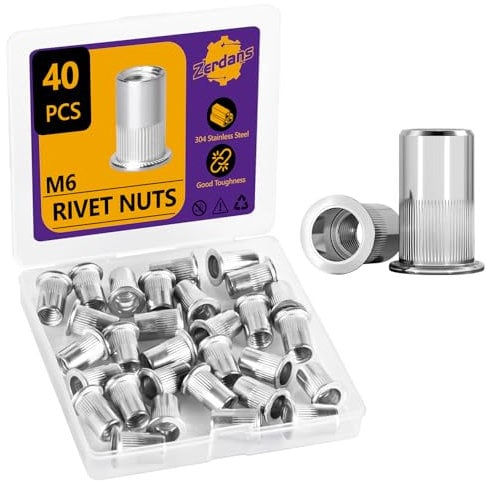 M6 Rivet Nuts, 40Pcs Threaded Insert Nutsert Rivnut, Stainless Steel Rivnut, Flat Head Threaded Insert Nutserts for Metal Nuts Automotive Furniture (6mm)
