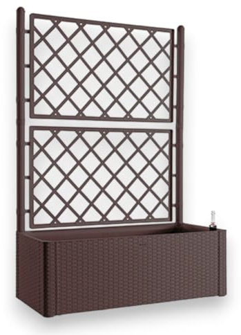 Briconess.com Fioriera in Resina da Giardino con Pannello grigliato e Vaso Effetto Rattan con riserva d'Acqua e indicatore di Livello Natural Deluxe - Brown