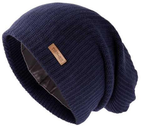 TOP-EX TOPEX XL/XXL Merinowolle Slouch Beanie Herren Mütze Damen Winter Warm Strickmuetze mit Satinfutter Navy Blau XL/XXL