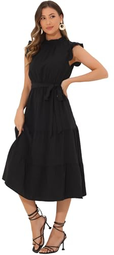Allegra K Women Casual Midi Ruffled Sleeve Mock Neck A-Line Belted Dress | Flared silhouette with a self-tie belt. Versatile for spring and autumn. Great for office or travel.