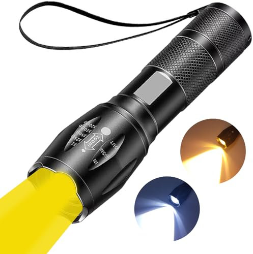 MVIOCS Lampe de poche rechargeable 2 en 1 jaune, super lumineuse zoomable 2000 lumens avec combinaison de lumière blanche et jaune, lampe de poche jaune étanche, offrant une meilleure visibilité