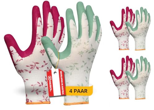 Gebol Flower Duo, 4 Paar Gartenhandschuhe Damen, Arbeitshandschuhe mit Latex-Beschichtung & Blumenmuster, atmungsaktiv mit Grip für Garten & Montage, Gr. M (Gr.8), Rot/Grün