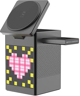 Chargeur Induction 3 en 1 - Station de Charge sans Fil pour iPhone, Apple Watch et AirPods avec Enceinte Bluetooth, Réveil LED et Écran Pixel Animé - Chargeur Rapide Universel Compatible Apple