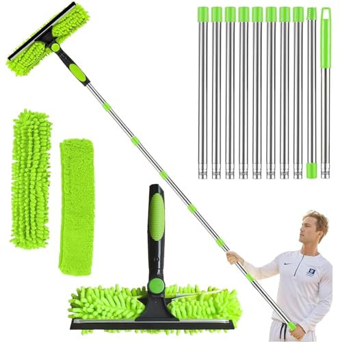 4.5M Window Cleaning Kit, Extra Long 2-in-1 Extendable Window Cleaning Equipment with Microfiber Cloth Squeegee Strips for Indoor/Outdoor High Windows, Walls & Cars (Green)