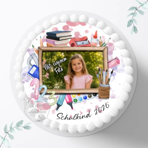 Tortenaufleger zur Einschulung mit Wunschbild personalisierbar, ⌀20cm Zuckerbild, Deko für Kuchen, Foto für Torten, Fondant S0009_pink